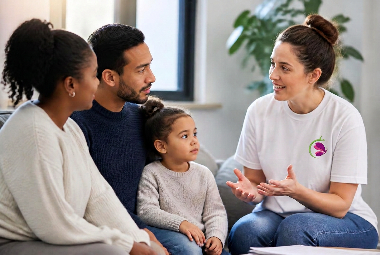 Famille accueillie par une bénévole de l'association