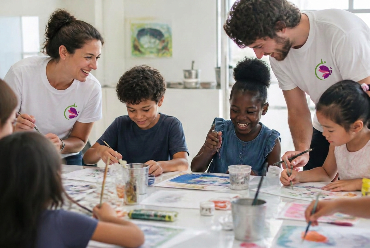 Jeunes accompagnés par une bénévole lors d'un atelier éducatif