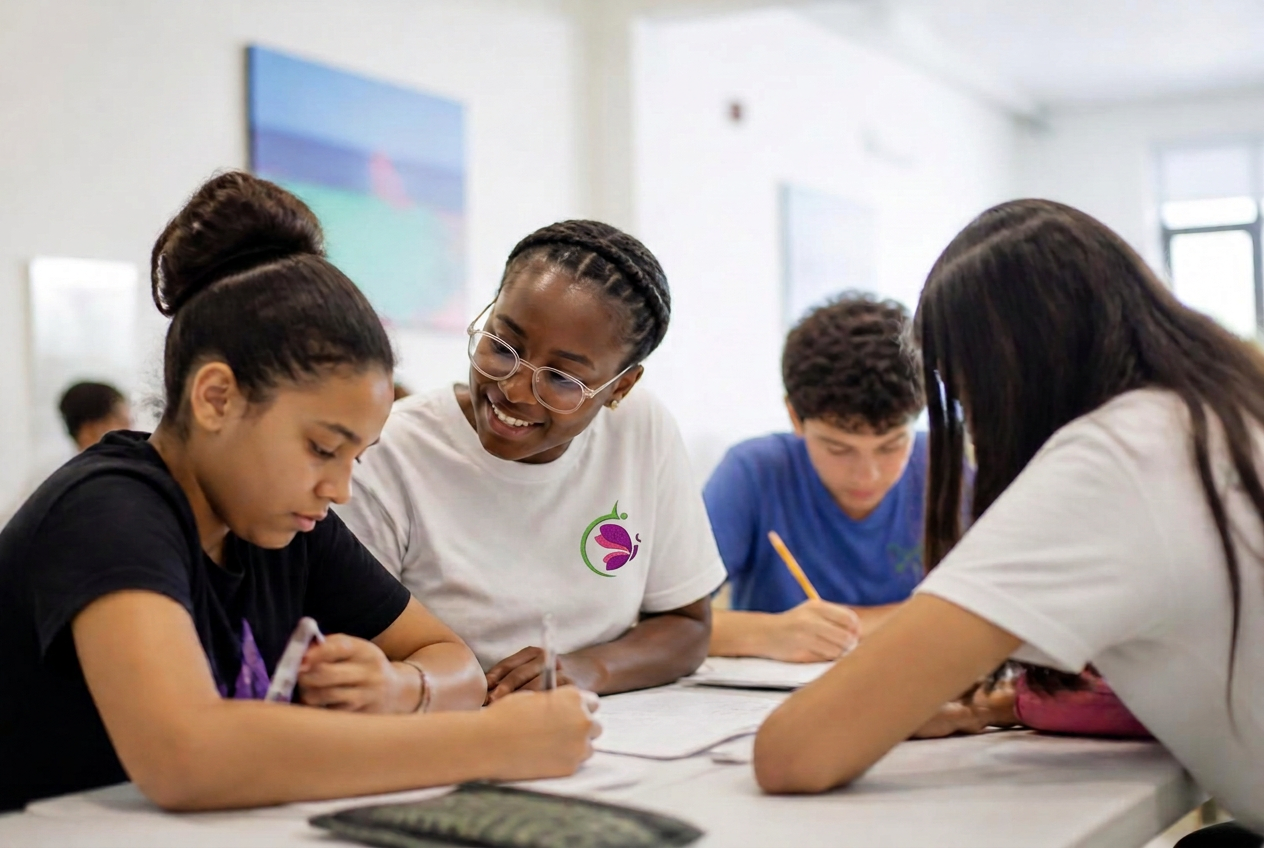 Enfants de différentes origines peignant lors d'un atelier créatif