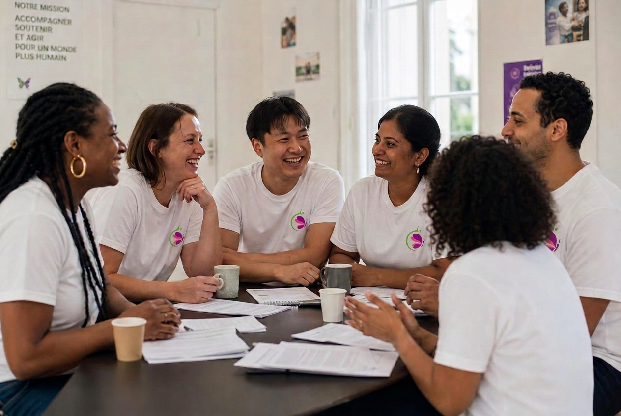 Équipe multiculturelle de bénévoles d'Envol'Ensemble en tee-shirts blancs